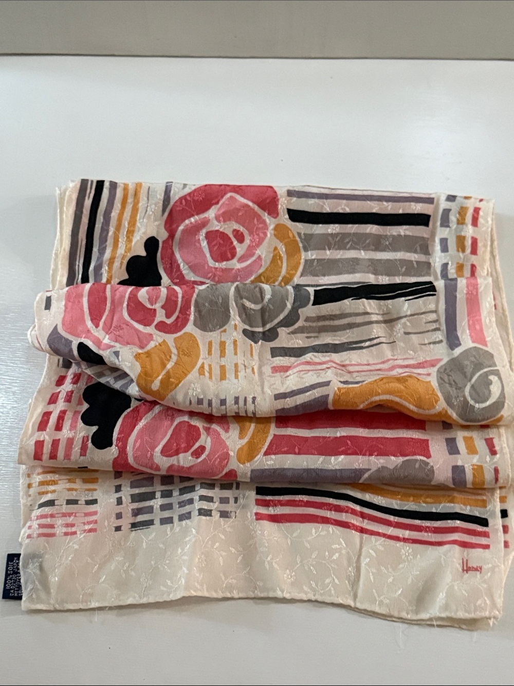 Honey Silk Vintage 80’s Floral Geometric Lightweight Scarf🧣Pink White Mustard